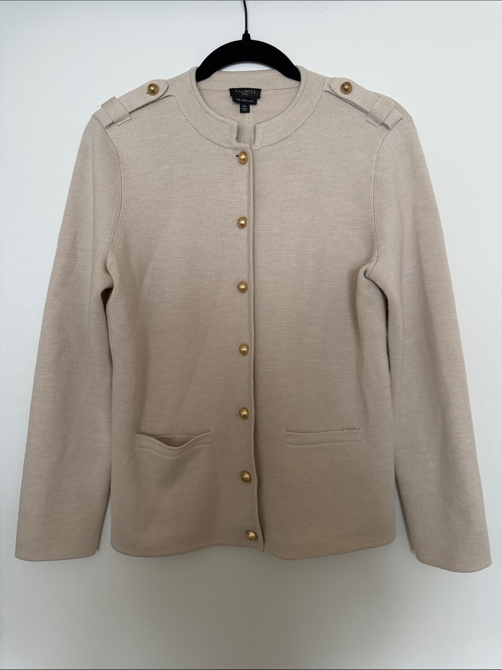 Talbots Cream Knit Button-Front Jacket with Gold-Tone Buttons 100% Merino Wool